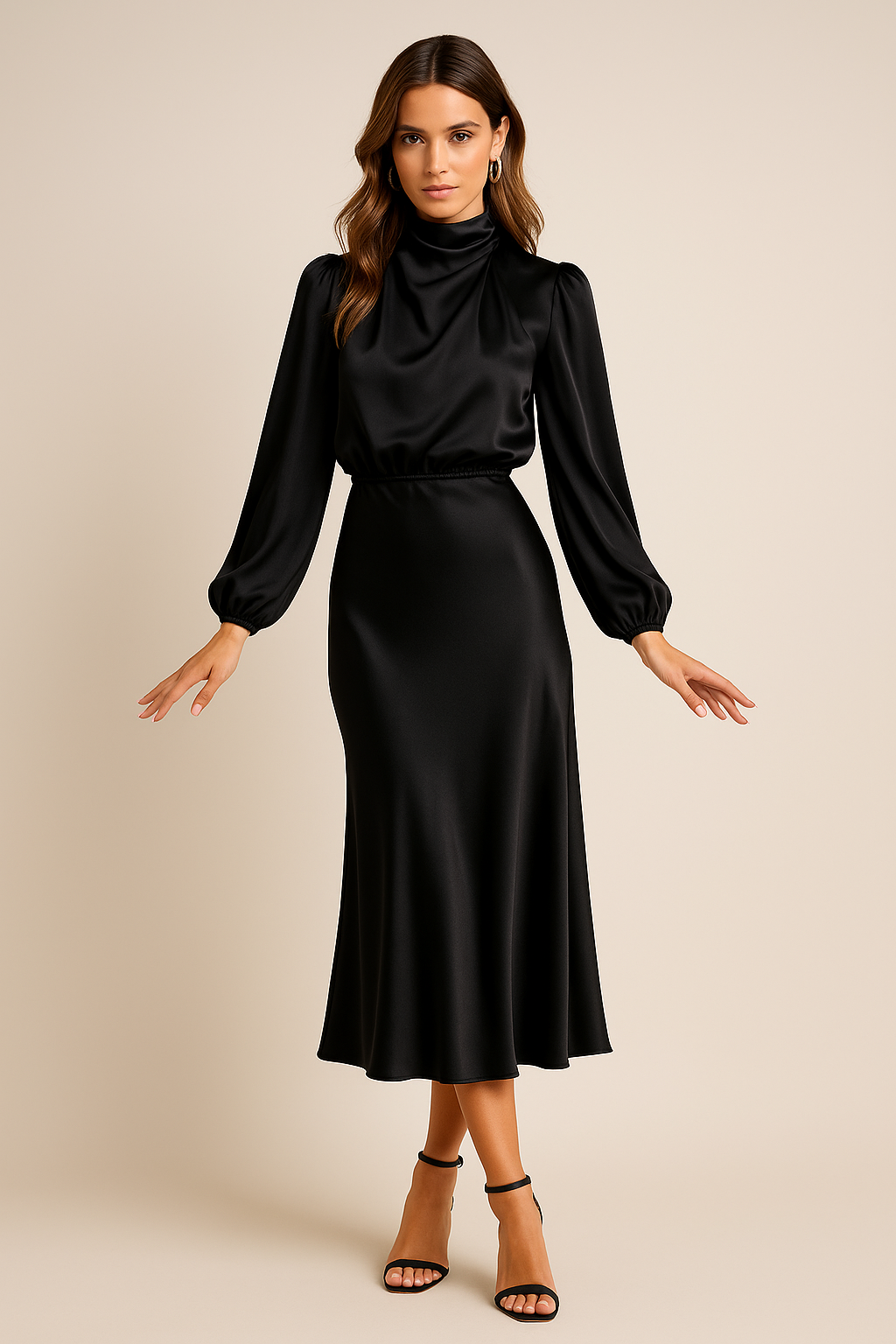 Claudette | Mock Neck Balloon Sleeve Satin Cocktail Dress with Midi Skirt