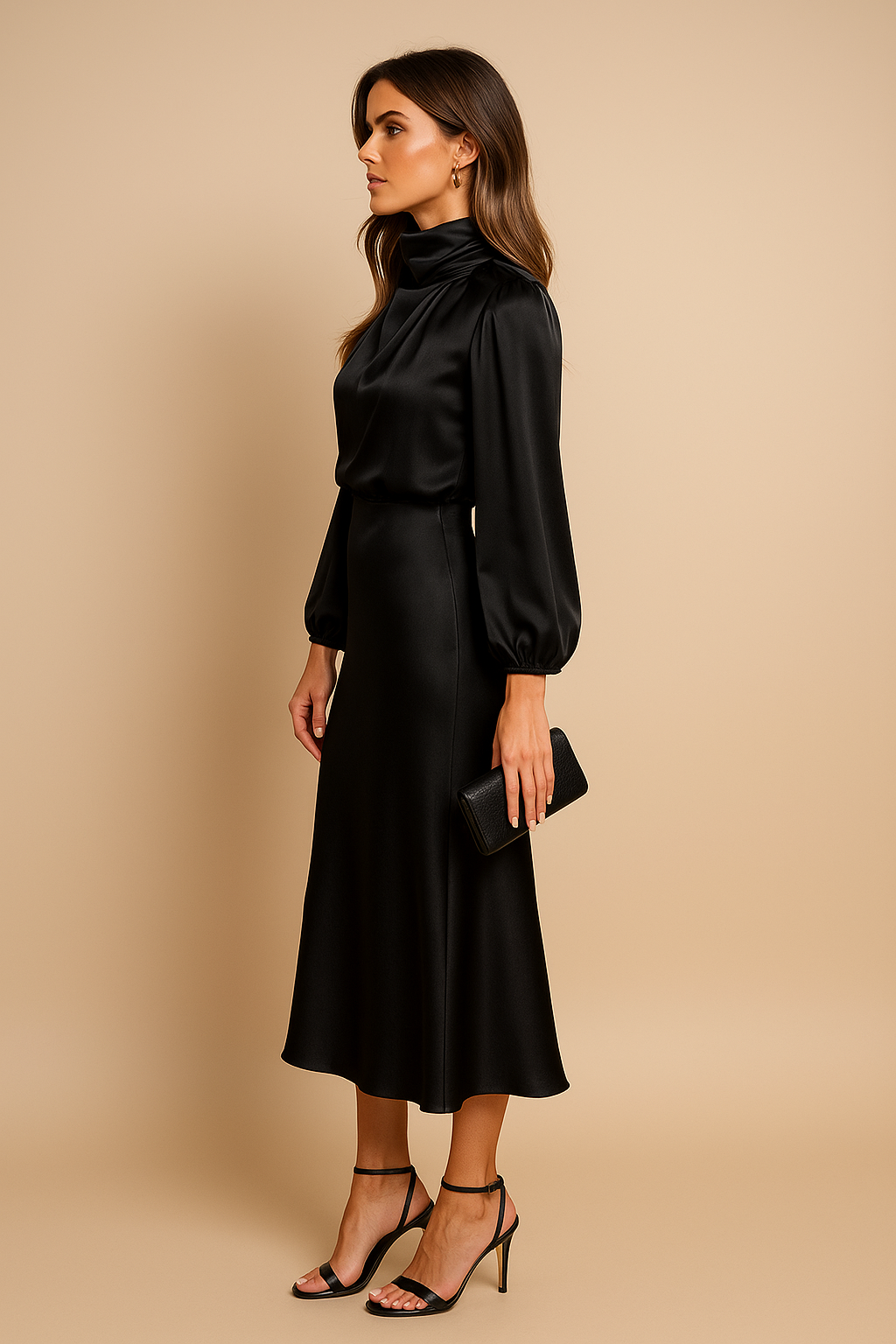 Claudette | Mock Neck Balloon Sleeve Satin Cocktail Dress with Midi Skirt