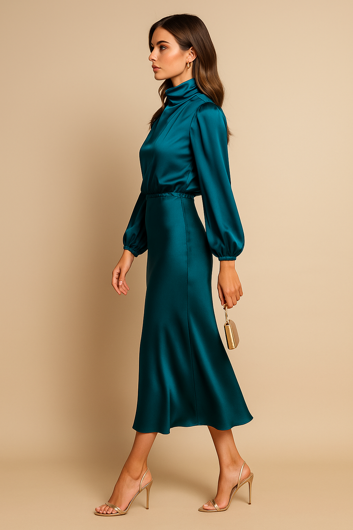 Claudette | Mock Neck Balloon Sleeve Satin Cocktail Dress with Midi Skirt