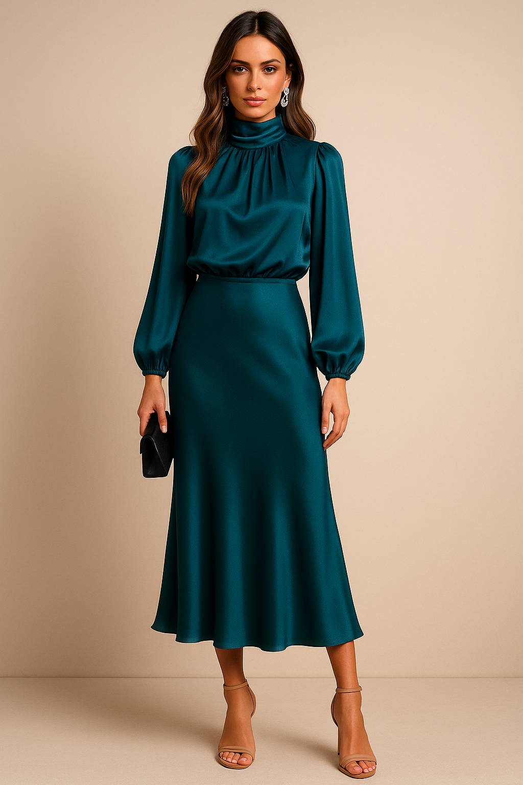 Claudette | Mock Neck Balloon Sleeve Satin Cocktail Dress with Midi Skirt