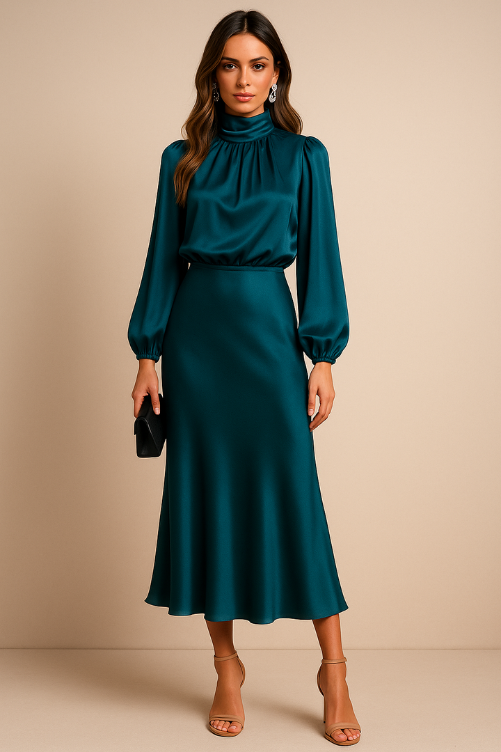 Claudette | Mock Neck Balloon Sleeve Satin Cocktail Dress with Midi Skirt