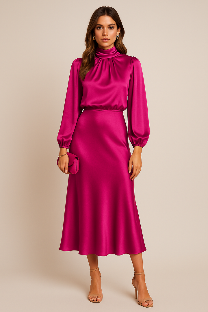 Claudette | Mock Neck Balloon Sleeve Satin Cocktail Dress with Midi Skirt