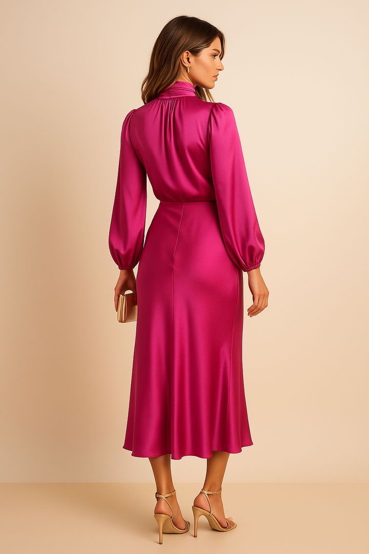 Claudette | Mock Neck Balloon Sleeve Satin Cocktail Dress with Midi Skirt