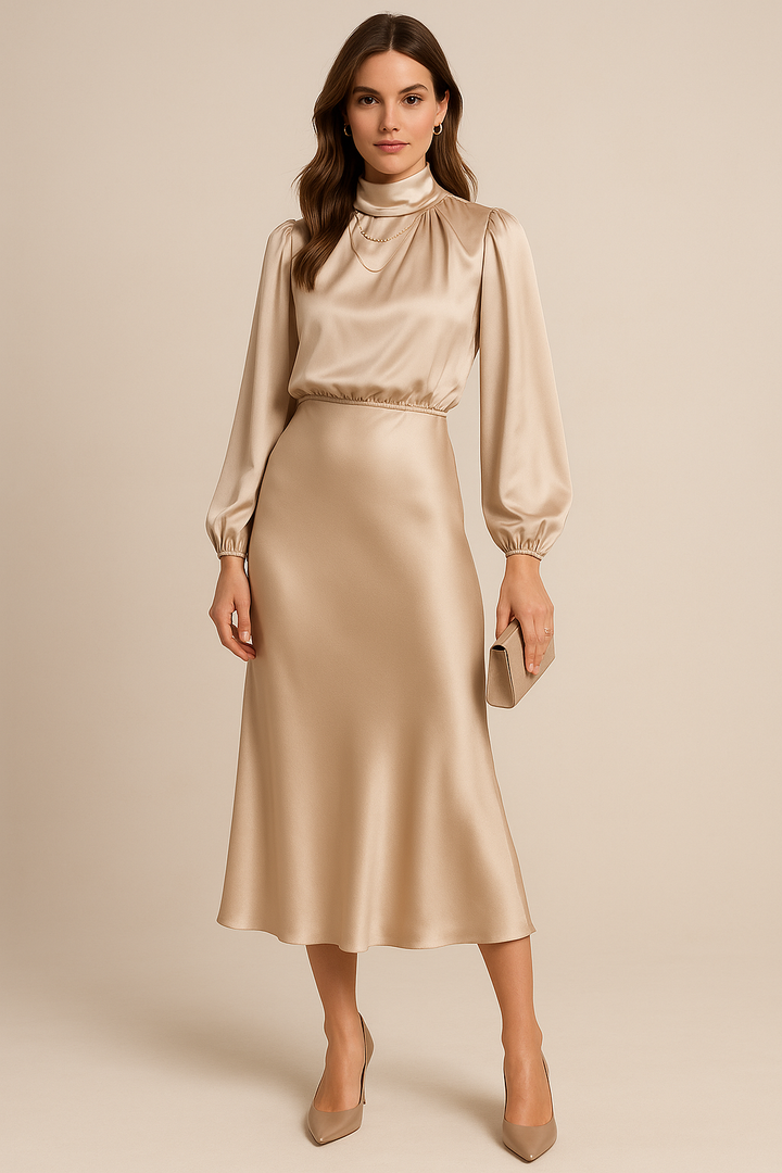 Claudette | Mock Neck Balloon Sleeve Satin Cocktail Dress with Midi Skirt