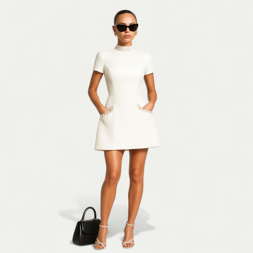 Madeleine | Pearl Trim Tweed Mini Cocktail Dress with Pocket Detail