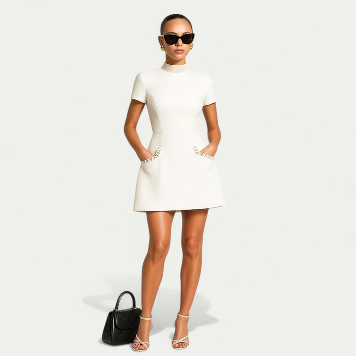 Madeleine | Pearl Trim Tweed Mini Cocktail Dress with Pocket Detail