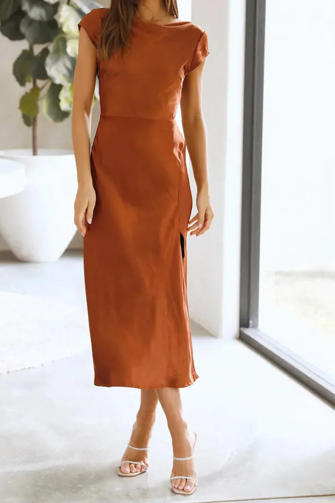 Dominique | Bateau Neck Cap Sleeve Satin Midi Cocktail Dress