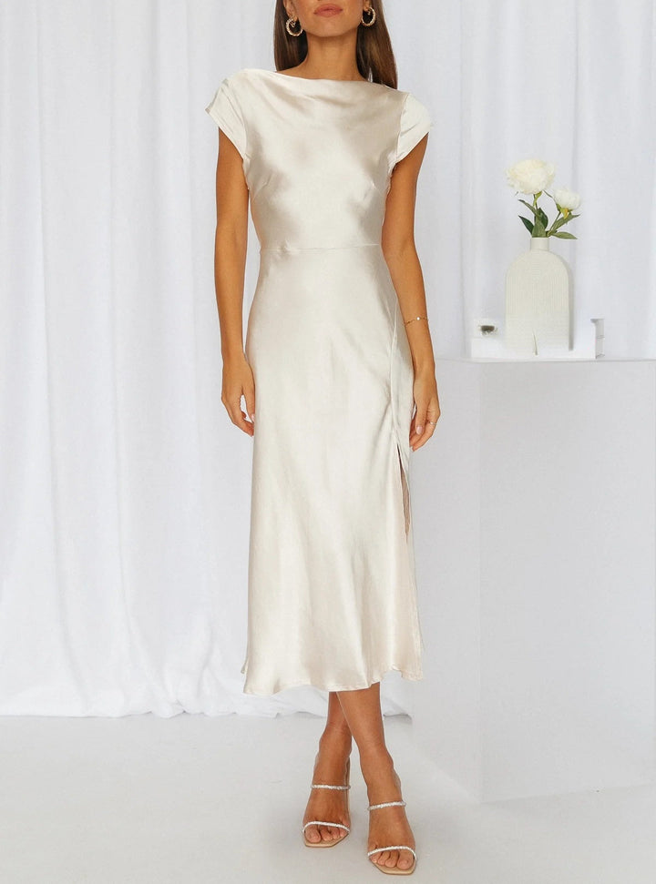 Dominique | Bateau Neck Cap Sleeve Satin Midi Cocktail Dress
