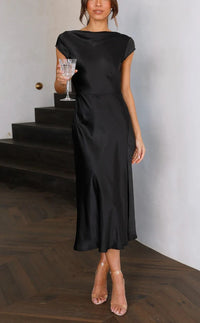 Dominique | Bateau Neck Cap Sleeve Satin Midi Cocktail Dress