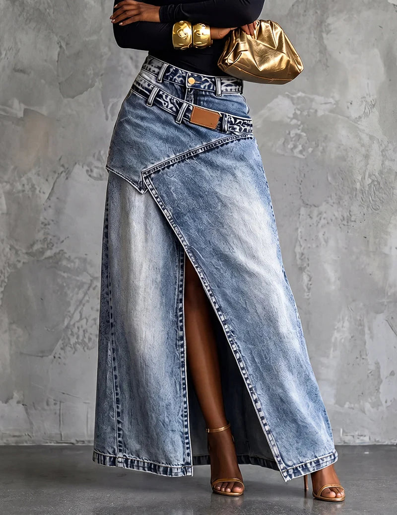 Womens Asymmetric Wrap Maxi Denim Skirt With Front Slit 0