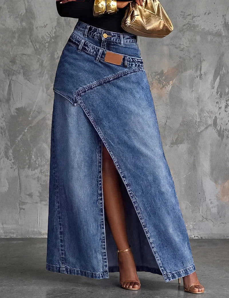 Womens Asymmetric Wrap Maxi Denim Skirt With Front Slit 1
