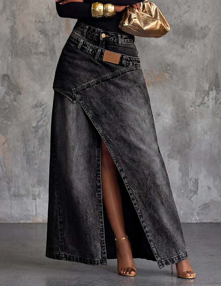 Womens Asymmetric Wrap Maxi Denim Skirt With Front Slit 2