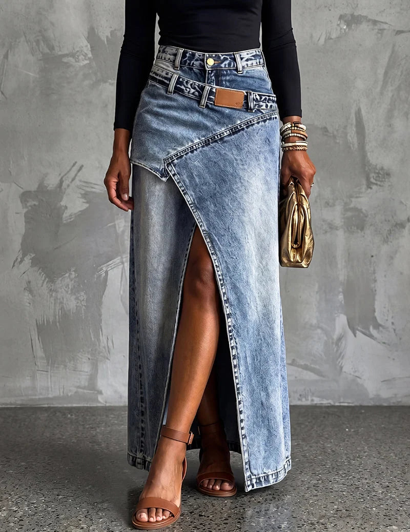 Womens Asymmetric Wrap Maxi Denim Skirt With Front Slit 3
