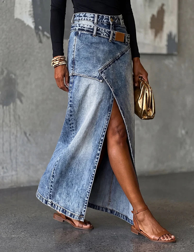 Womens Asymmetric Wrap Maxi Denim Skirt With Front Slit 4