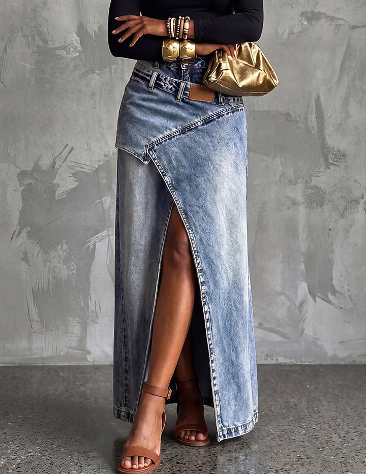 Womens Asymmetric Wrap Maxi Denim Skirt With Front Slit 5