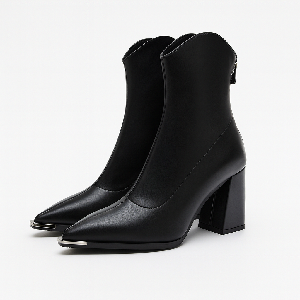 Womens Black Ankle Boots Pointed Toe Leather Block Heel 0