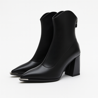 Womens Black Ankle Boots Pointed Toe Leather Block Heel