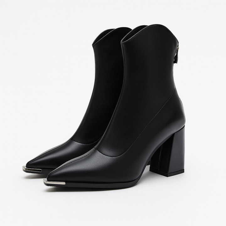 Womens Black Ankle Boots Pointed Toe Leather Block Heel 0