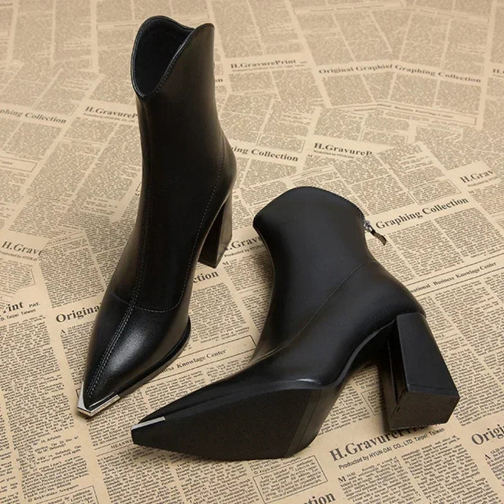 Womens Black Ankle Boots Pointed Toe Leather Block Heel 2