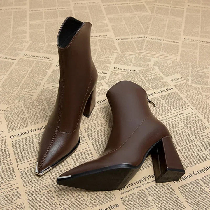 Womens Black Ankle Boots Pointed Toe Leather Block Heel 3