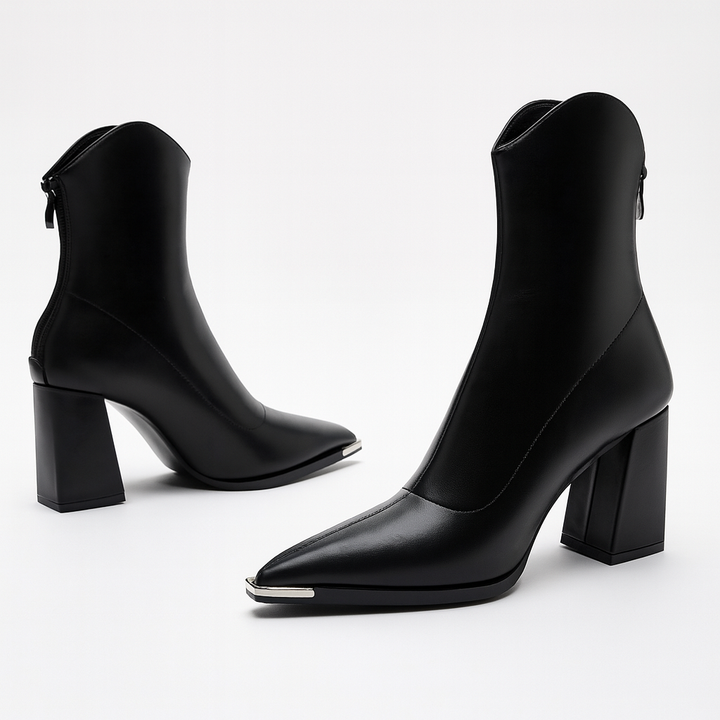 Womens Black Ankle Boots Pointed Toe Leather Block Heel 4