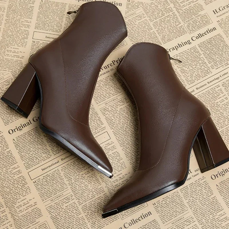 Womens Black Ankle Boots Pointed Toe Leather Block Heel 6