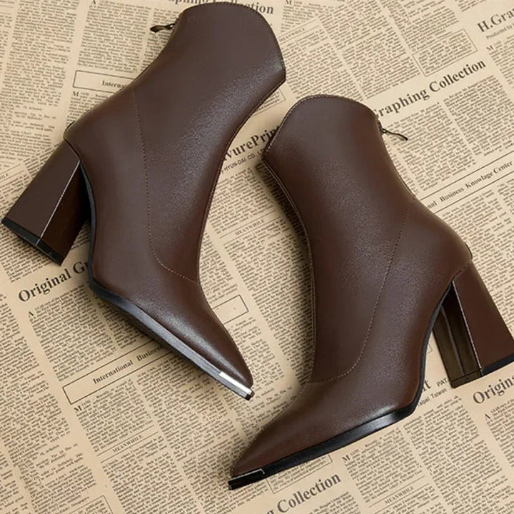 Womens Black Ankle Boots Pointed Toe Leather Block Heel 6