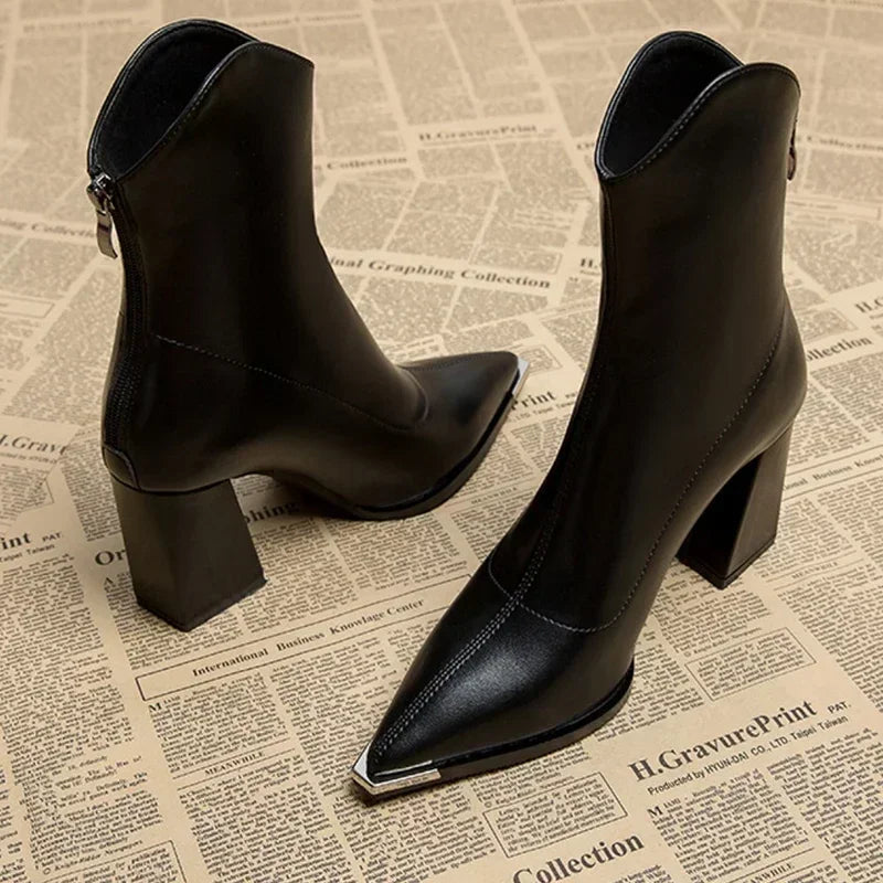Womens Black Ankle Boots Pointed Toe Leather Block Heel 7