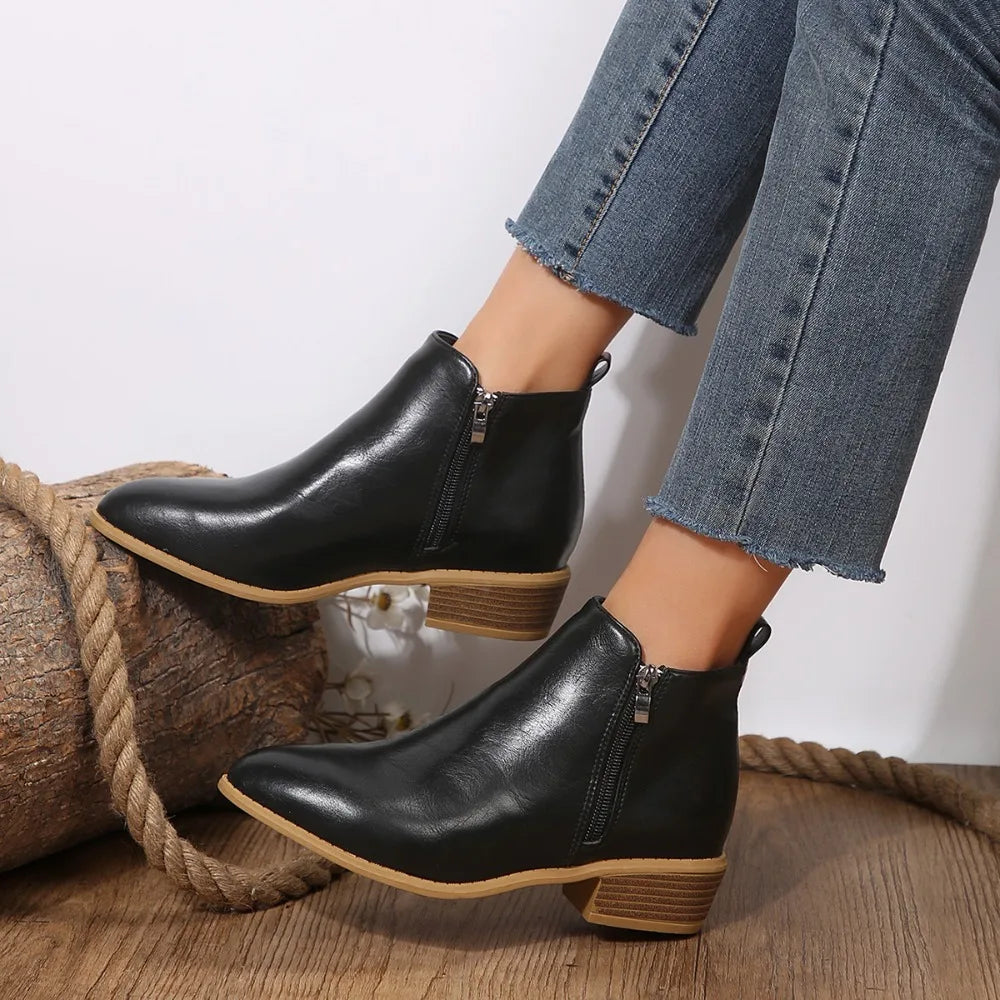 Womens Black Faux Leather Ankle Boots with Side Zipper 1