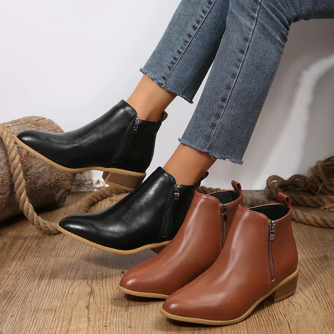 Womens Black Faux Leather Ankle Boots with Side Zipper 6