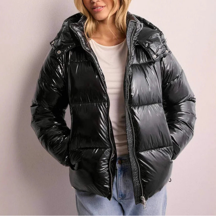 Womens Black Puffer Jacket Quilted Hooded Winter Coat Polyester 0