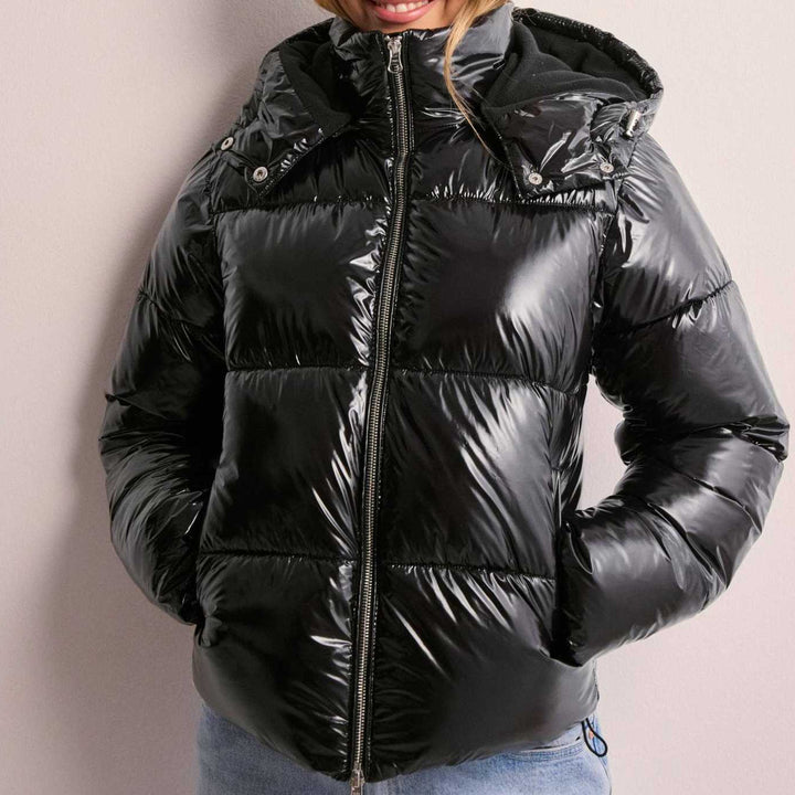 Womens Black Puffer Jacket Quilted Hooded Winter Coat Polyester 1