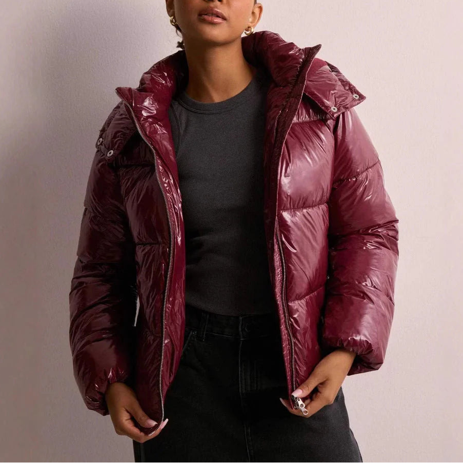 Womens Black Puffer Jacket Quilted Hooded Winter Coat Polyester 3