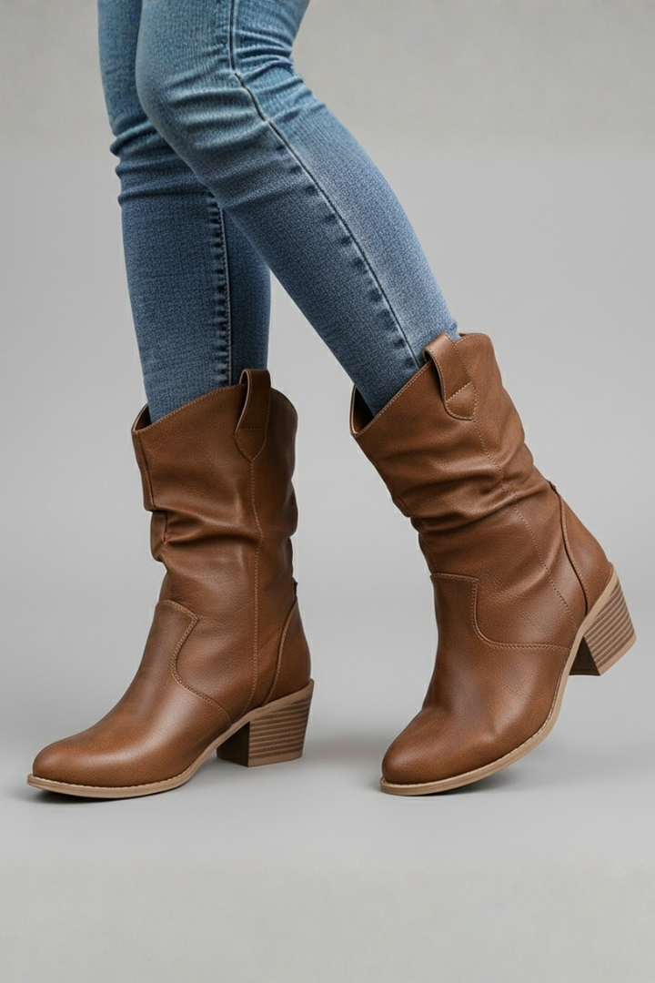 Womens Black Western Mid-Calf Pull-On Boots Leather 5
