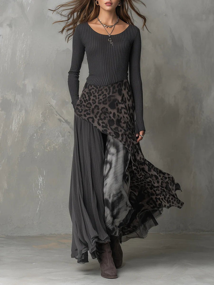 Womens Bohemian Long Sleeve Maxi Dress Leopard Print Knit 0