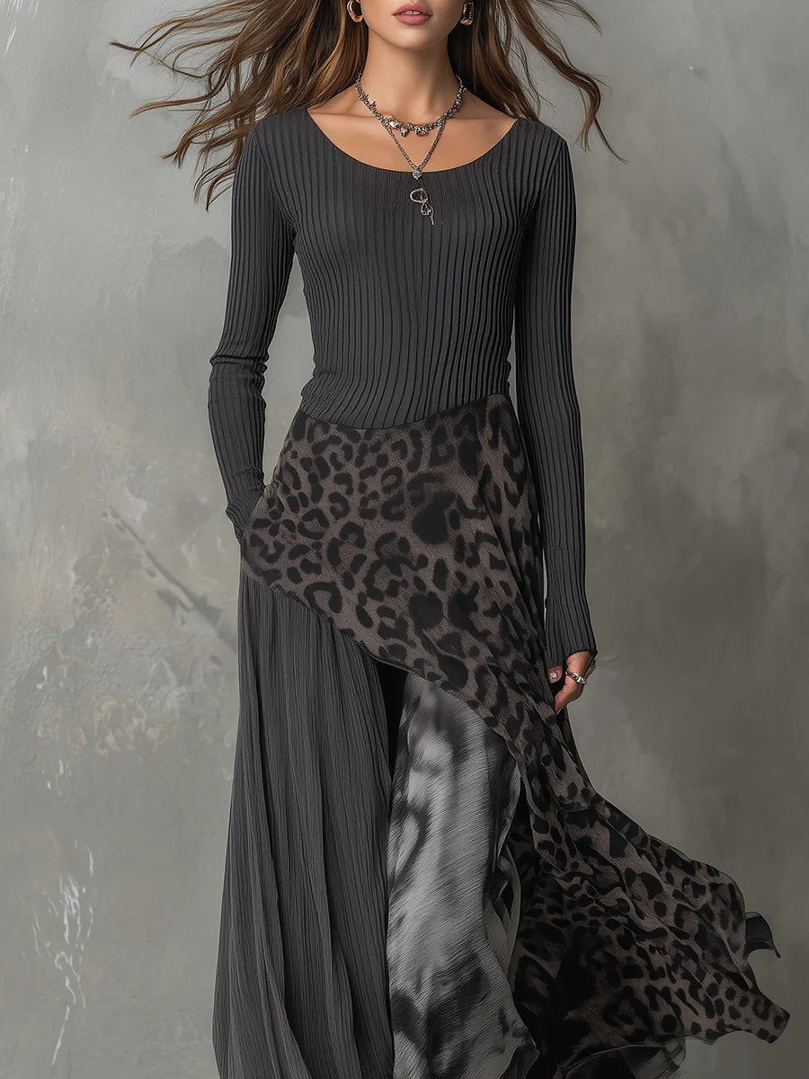 Womens Bohemian Long Sleeve Maxi Dress Leopard Print Knit 2