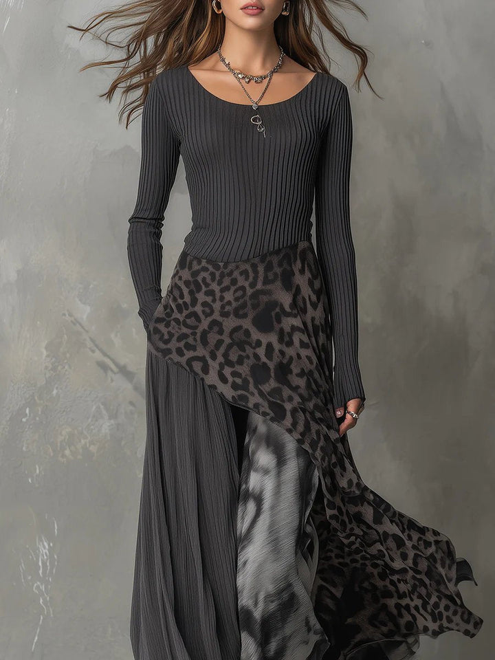 Womens Bohemian Long Sleeve Maxi Dress Leopard Print Knit 2