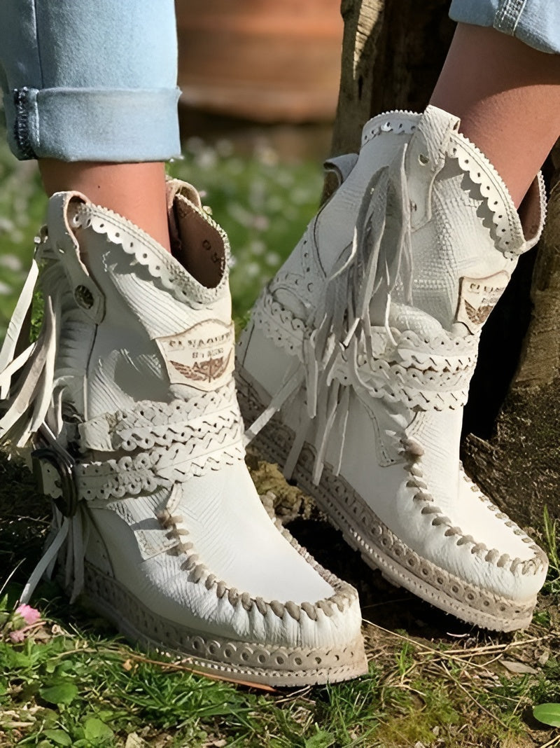 Womens Boho Fringe High Ankle Boots Leather 0