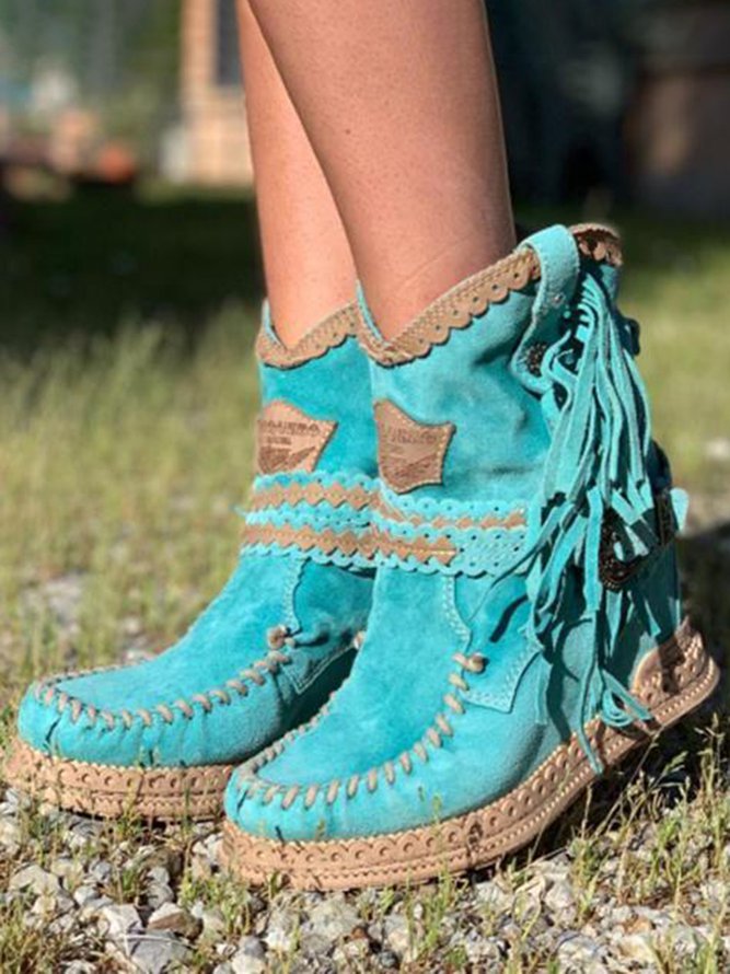 Womens Boho Fringe High Ankle Boots Leather 1