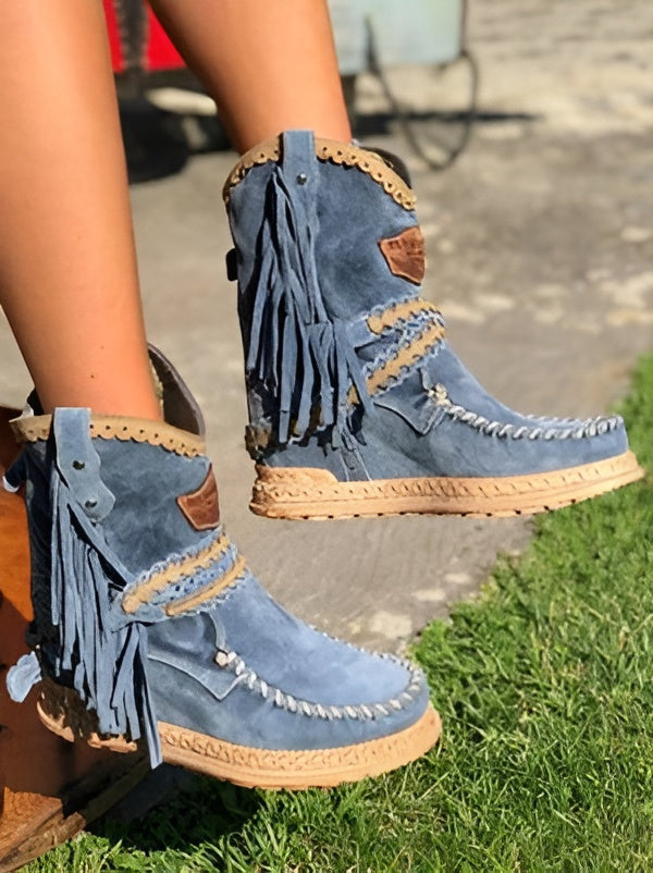 Womens Boho Fringe High Ankle Boots Leather 2