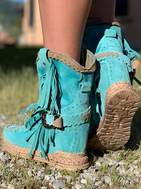 Womens Boho Fringe High Ankle Boots Leather 4