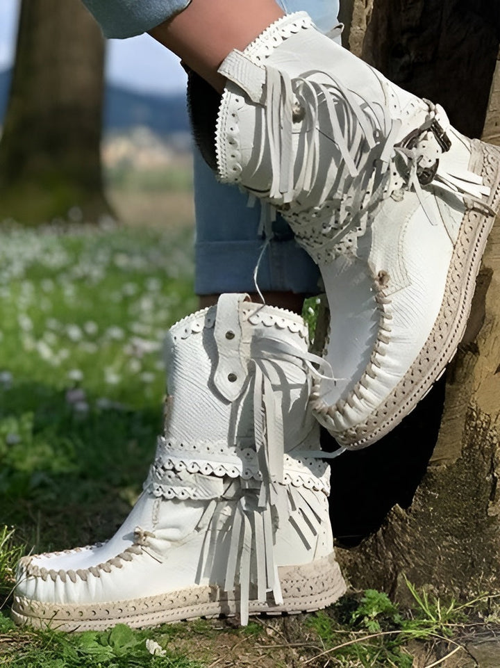 Womens Boho Fringe High Ankle Boots Leather 5