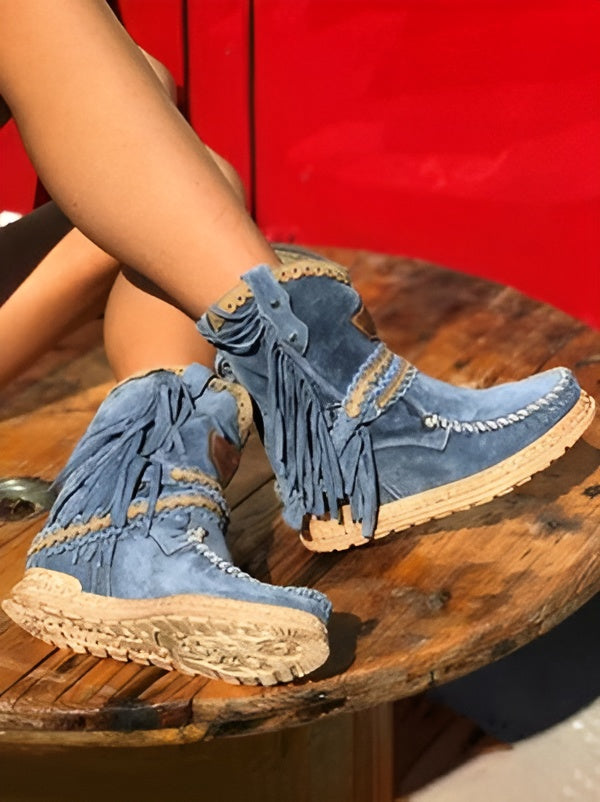Womens Boho Fringe High Ankle Boots Leather 6