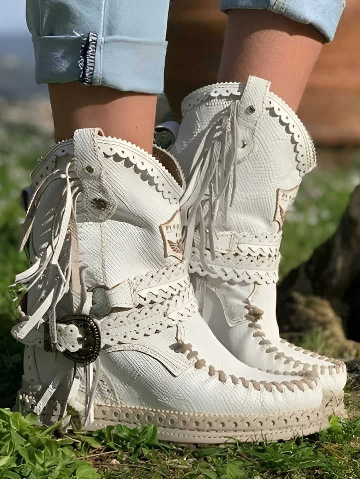 Womens Boho Fringe High Ankle Boots Leather 7