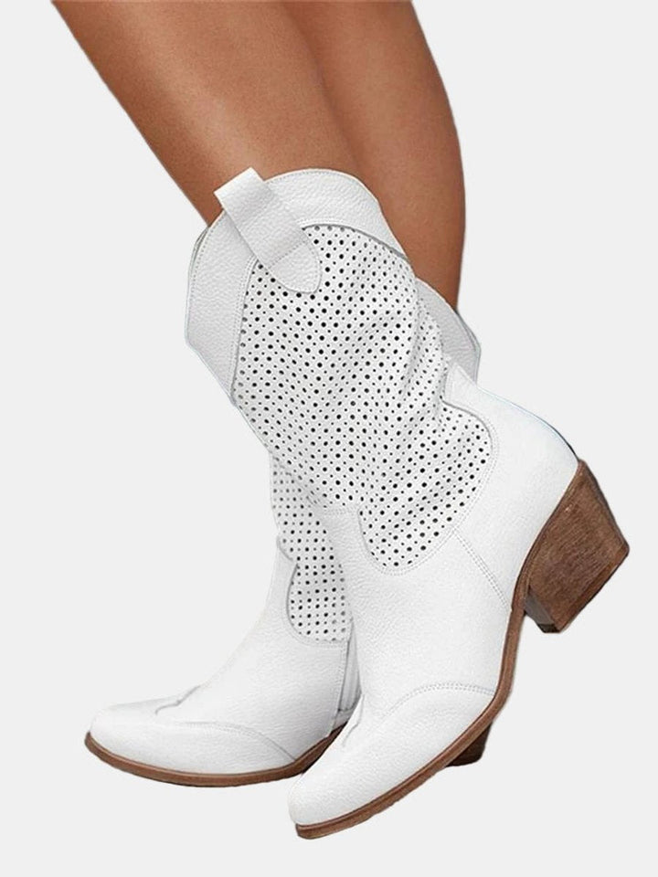 Womens Brown Knee High Boots Perforated Block Heel Suede 0