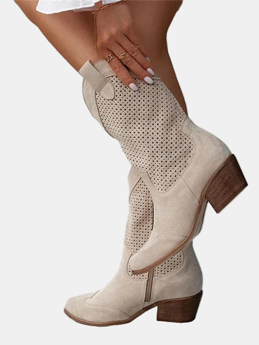 Womens Brown Knee High Boots Perforated Block Heel Suede 1