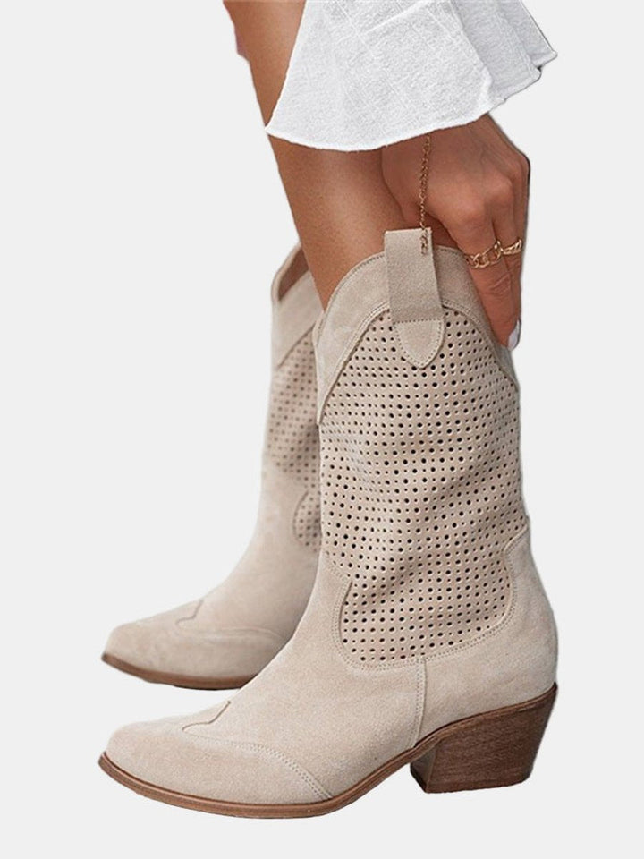 Womens Brown Knee High Boots Perforated Block Heel Suede 2