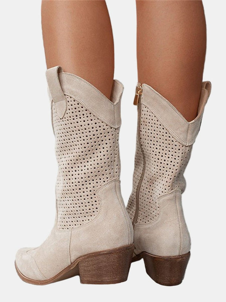Womens Brown Knee High Boots Perforated Block Heel Suede 3