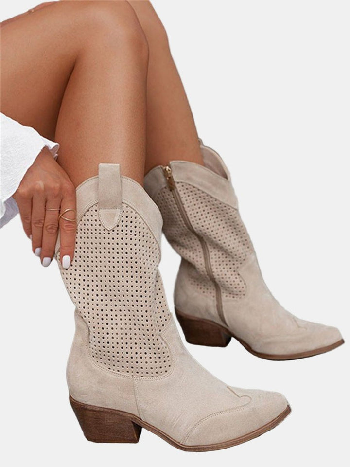 Womens Brown Knee High Boots Perforated Block Heel Suede 4