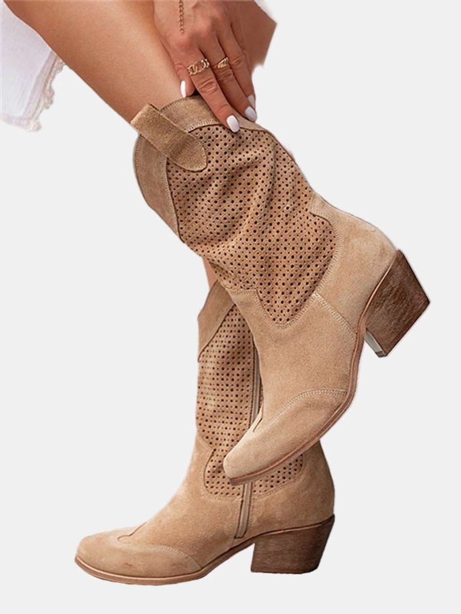 Womens Brown Knee High Boots Perforated Block Heel Suede 6